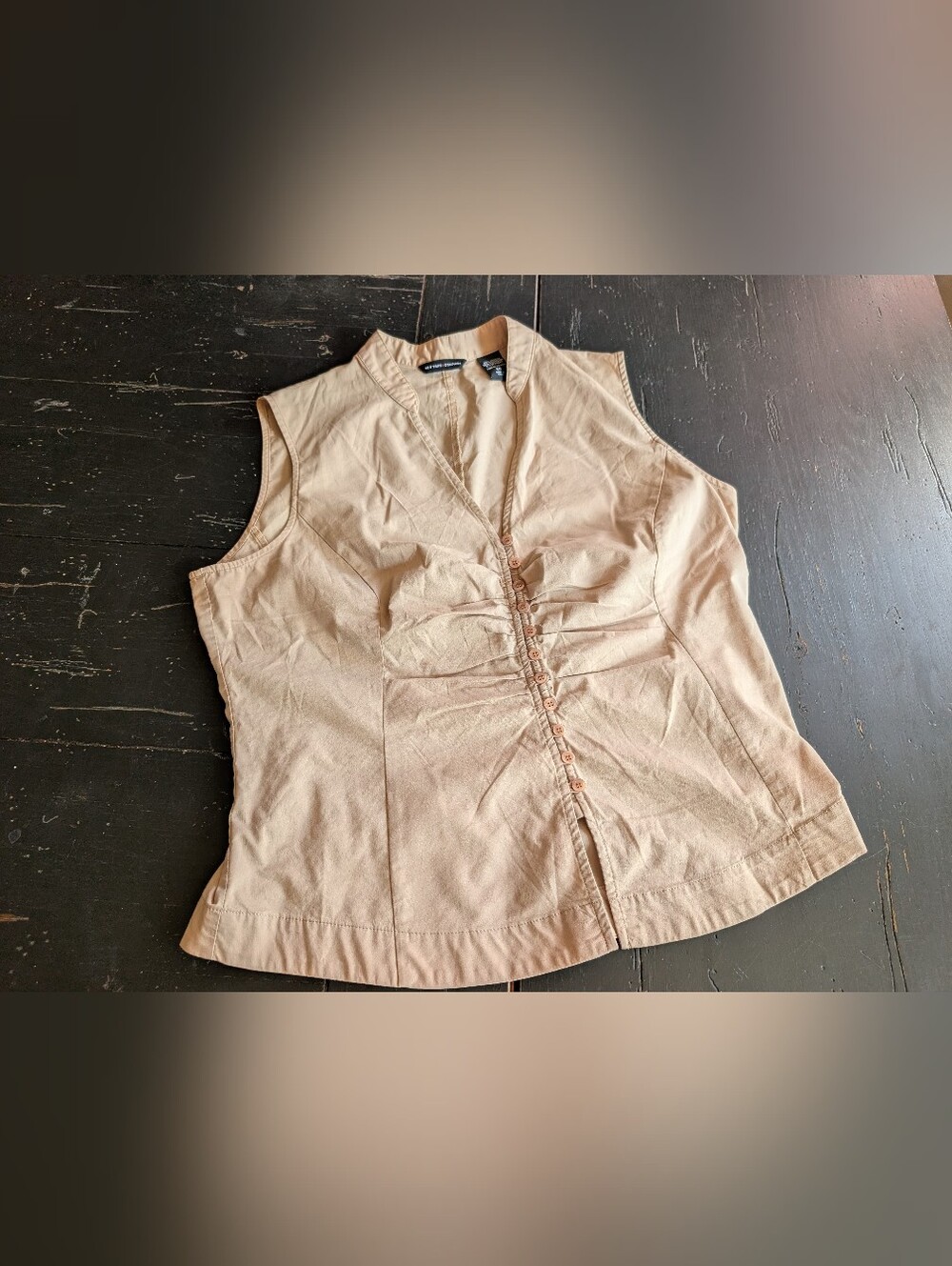 New York & Company Y2K Tan Ruched Sleeveless Top Size 14 Minimalist Office Chic